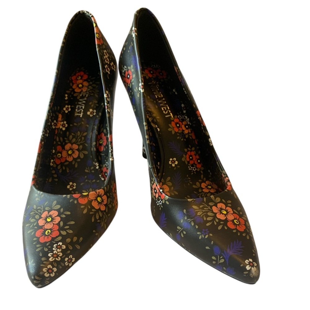 🔥 Nine West NWOT floral pointy stiletto black red blue high heels sexy EUC - Picture 4 of 9